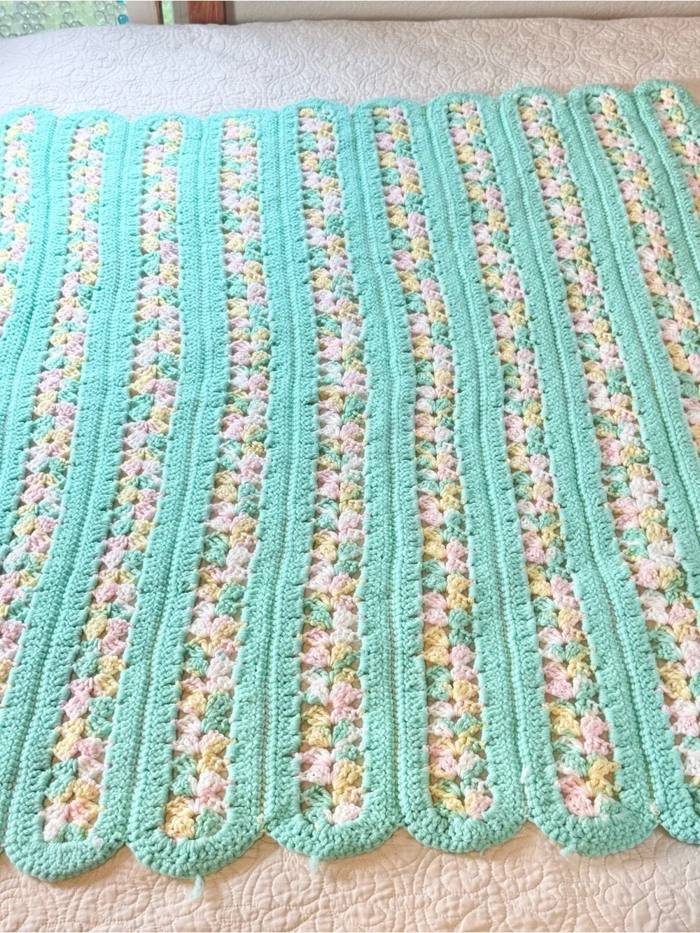 Vintage handmade crocheted afghan blanket mint green pink yellow stripe
